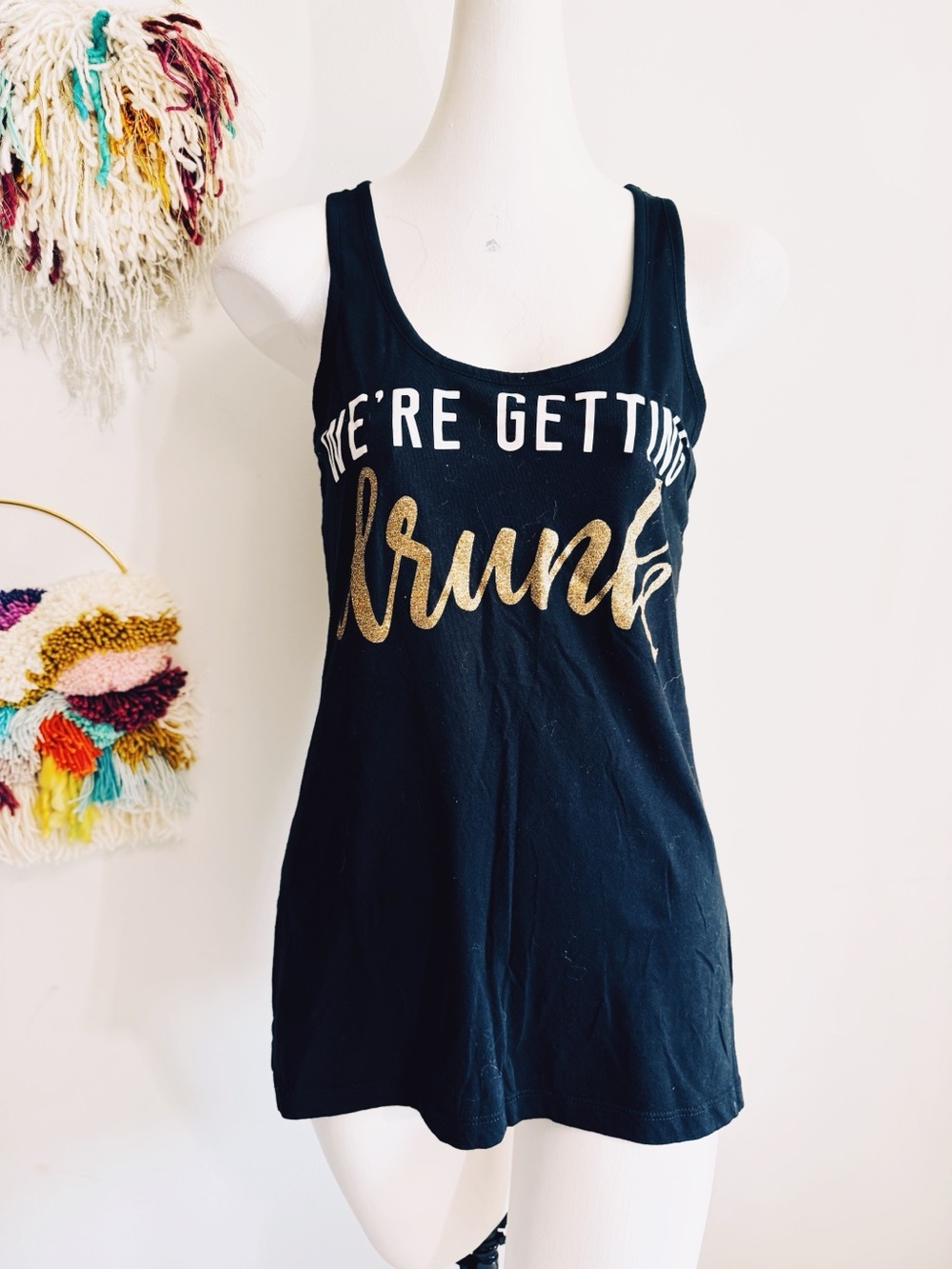 District Threads We’re Getting Drunk Graphic Tank Top Black Gold Large